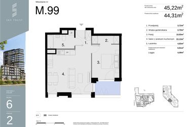 Rzut - Mieszkanie na sprzedaż 2 pokoje o powierzchni 45,22 m² - numer M99 w Sky Trust etap II