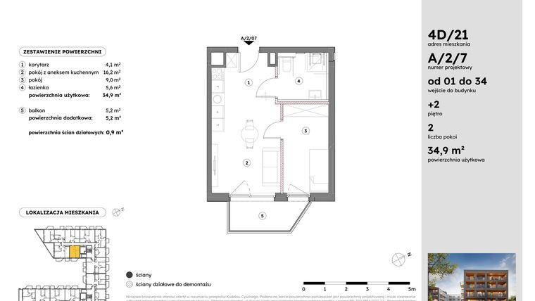 Rzut - Mieszkanie na sprzedaż 2 pokoje o powierzchni 34,85 m² - numer A/2/7 w Osiedle Mateckiego 4ALL