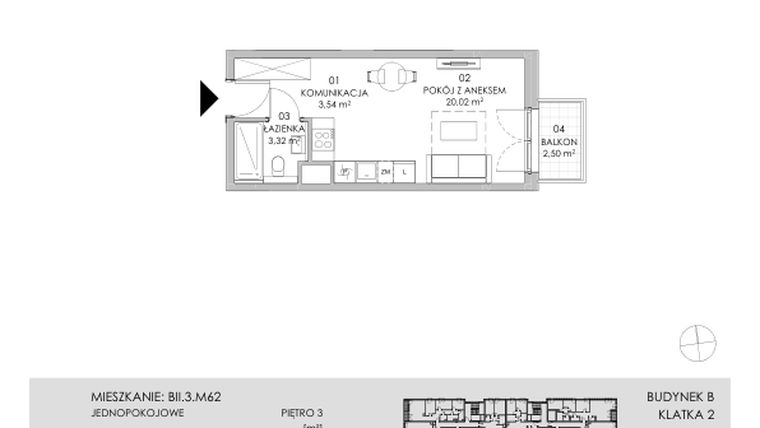 Rzut - Mieszkanie na sprzedaż 1 pokój o powierzchni 26,88 m² - numer BII.3.M62 w Przewóz 42 ATAL II