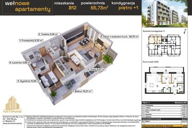 Rzut - Mieszkanie na sprzedaż 3 pokoje o powierzchni 64,13 m² - numer B12 w Osiedle Wełnowe Apartamenty