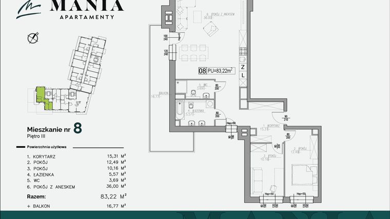 Rzut - Mieszkanie na sprzedaż 3 pokoje o powierzchni 83,22 m² - numer 8 w MANIA Apartamenty