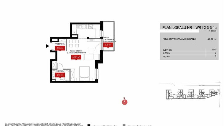 Rzut - Mieszkanie na sprzedaż 1 pokój o powierzchni 42,61 m² - numer WR1 2/3/3/1a w Przystań Reymonta
