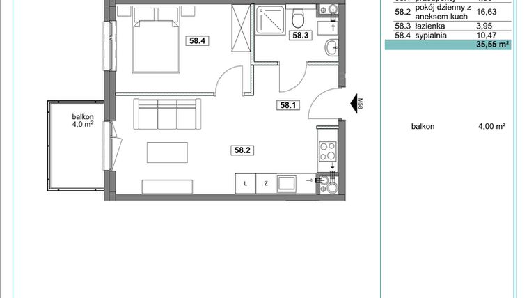 Rzut - Mieszkanie na sprzedaż 2 pokoje o powierzchni 35,74 m² - numer D.58 w Osiedle Kościuszki etap II