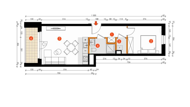 Rzut - Mieszkanie na sprzedaż 2 pokoje o powierzchni 44,13 m² - numer 8E-04 w Platanowy Park etap IV
