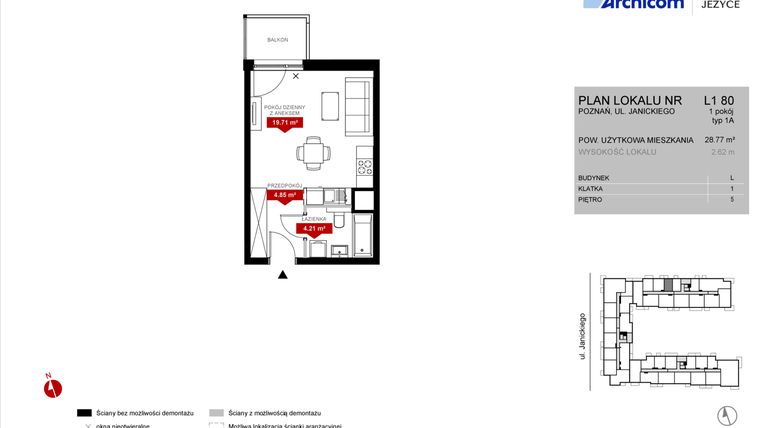 Rzut - Mieszkanie na sprzedaż 1 pokój o powierzchni 28,77 m² - numer L1.80 w Wieża Jeżyce etap VI