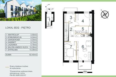 Rzut - Mieszkanie na sprzedaż 3 pokoje o powierzchni 62,4 m² - numer 9D/2 w Zamiejska 9