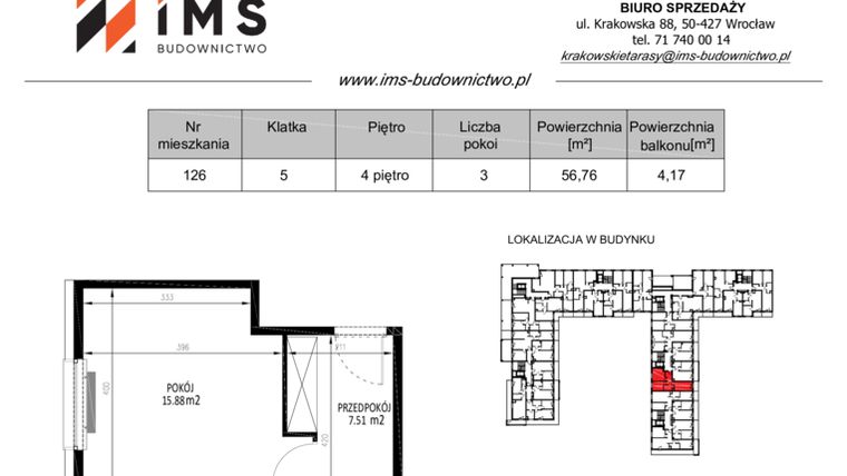 Rzut - Mieszkanie na sprzedaż 3 pokoje o powierzchni 56,65 m² - numer 126 w Krakowskie Tarasy etap V