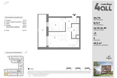 Rzut - Mieszkanie na sprzedaż 2 pokoje o powierzchni 40,21 m² - numer B/3/7 w Osiedle Mateckiego 4ALL
