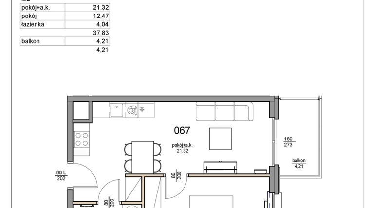 Rzut - Mieszkanie na sprzedaż 2 pokoje o powierzchni 37,83 m² - numer 67 w Rezydencja Liwska 3