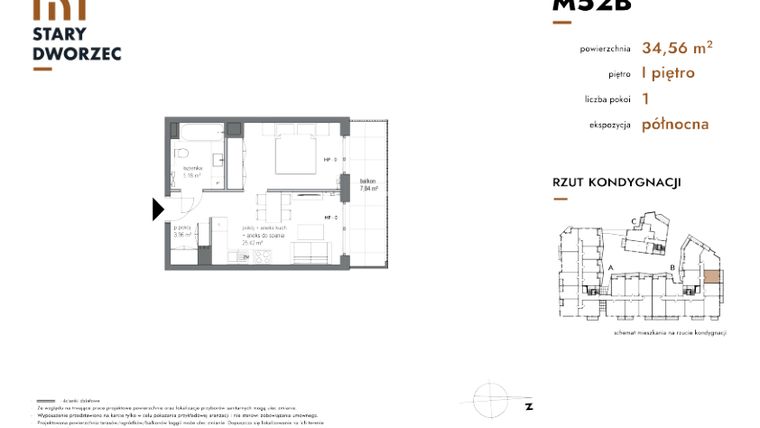 Rzut - Mieszkanie na sprzedaż 1 pokój o powierzchni 34,56 m² - numer M 52B w Stary Dworzec