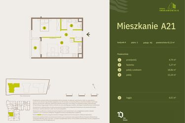 Rzut - Mieszkanie na sprzedaż 2 pokoje o powierzchni 42,12 m² - numer A21 w Osiedle Imbramowskie