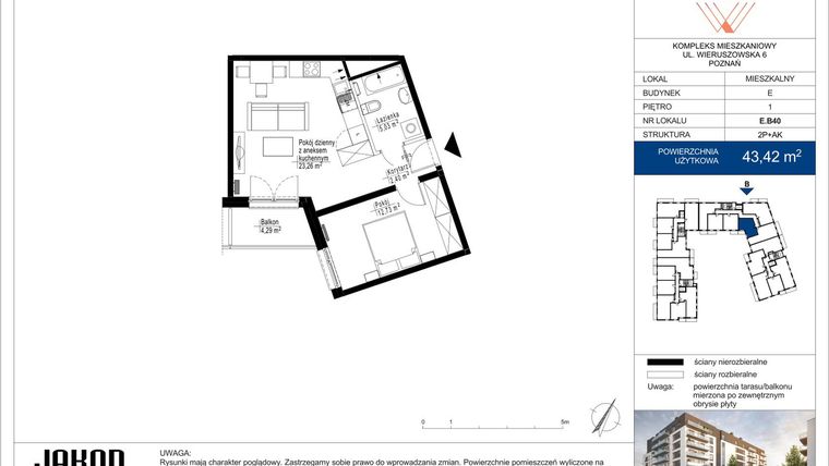 Rzut - Mieszkanie na sprzedaż 2 pokoje o powierzchni 43,42 m² - numer E.B40 w Wieruszowska E