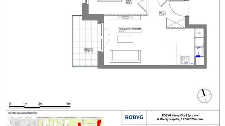 Rzut - Mieszkanie na sprzedaż 2 pokoje o powierzchni 36,97 m² - numer MLAAB/B/1/6 w Metro Life Apartamenty