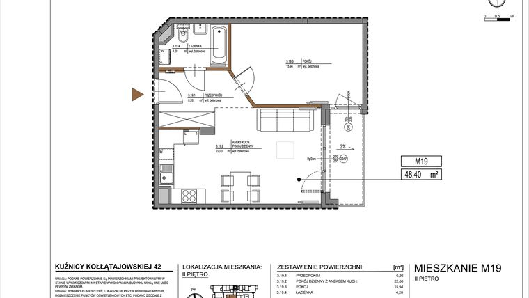 Rzut - Mieszkanie na sprzedaż 2 pokoje o powierzchni 48,4 m² - numer M19 w Kuźnicy Kołłątajowskiej 42