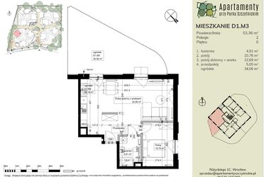 Rzut - Mieszkanie na sprzedaż 2 pokoje o powierzchni 53,36 m² - numer D1.M3 w Apartamenty przy Parku Szczytnickim