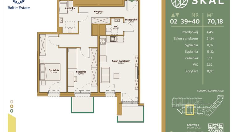 Rzut - Mieszkanie na sprzedaż 1 pokój o powierzchni 70,18 m² - numer M.39+40 w Skal