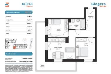 Rzut - Mieszkanie na sprzedaż 3 pokoje o powierzchni 54,71 m² - numer M II.1.3 w Glogera Bricks