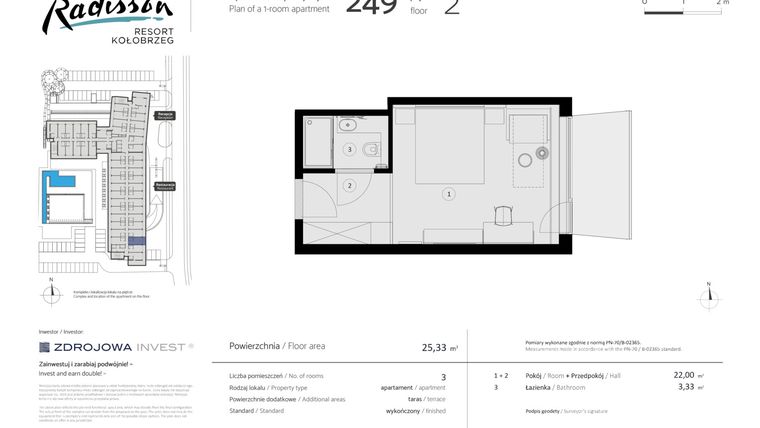 Rzut - Mieszkanie na sprzedaż 1 pokój o powierzchni 25,33 m² - numer 249 w Radisson Resort, Kołobrzeg