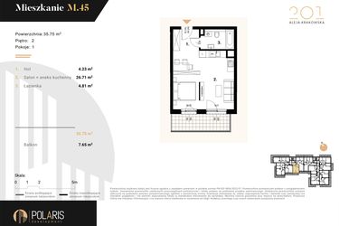 Rzut - Mieszkanie na sprzedaż 1 pokój o powierzchni 35,75 m² - numer M45 w Aleja Krakowska 201