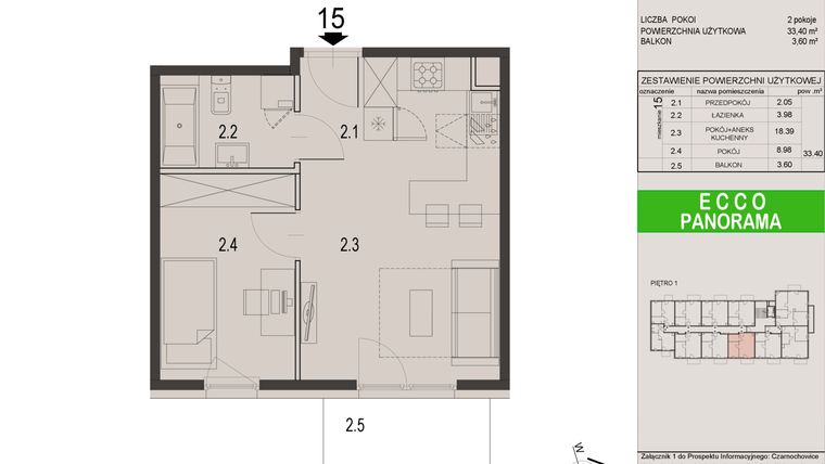 Rzut - Mieszkanie na sprzedaż 2 pokoje o powierzchni 33,4 m² - numer 15C w Ecco Panorama etap II budynki C, D