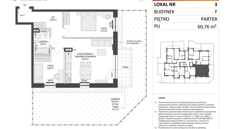 Rzut - Mieszkanie na sprzedaż 3 pokoje o powierzchni 60,76 m² - numer F.3 w Osiedle Warszawska