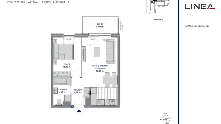 Rzut - Mieszkanie na sprzedaż 2 pokoje o powierzchni 43,08 m² - numer B.4.4 w Linea