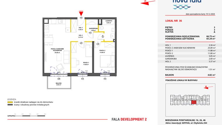 Rzut - Mieszkanie na sprzedaż 3 pokoje o powierzchni 65,26 m² - numer 36 w Miasteczko Nova Fala