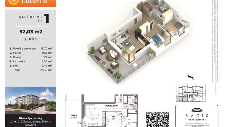 Rzut - Mieszkanie na sprzedaż 3 pokoje o powierzchni 52,03 m² - numer 1 w Słoneczne Tarasy II
