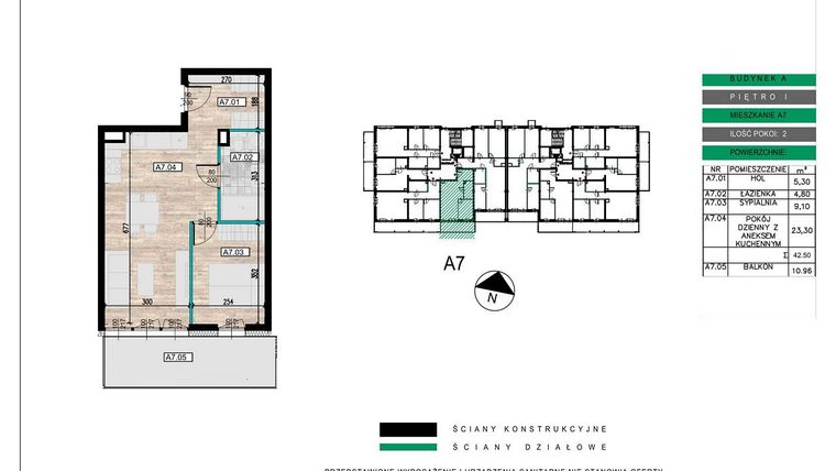 Rzut - Mieszkanie na sprzedaż 2 pokoje o powierzchni 42,5 m² - numer A07 w Lwowska 14