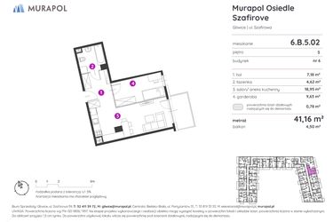 Rzut - Mieszkanie na sprzedaż 1 pokój o powierzchni 41,16 m² - numer 6.B.5.02 w Murapol Osiedle Szafirove