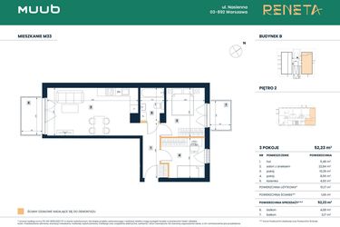 Rzut - Mieszkanie na sprzedaż 3 pokoje o powierzchni 51,17 m² - numer M33 w Reneta