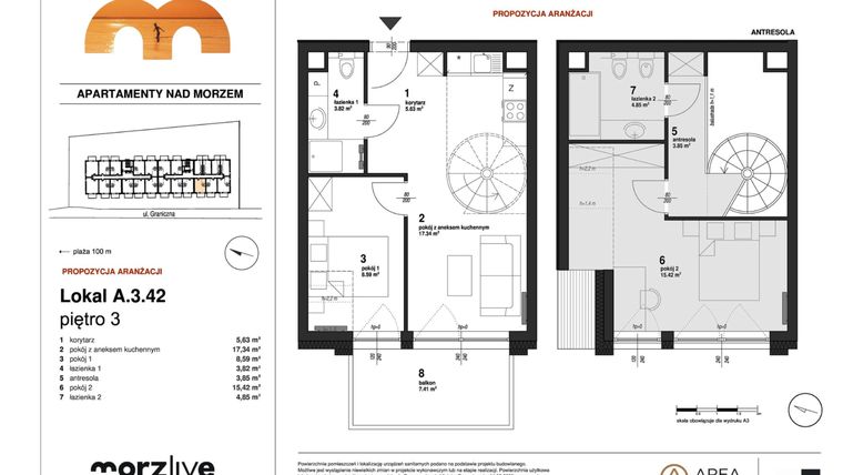 Rzut - Mieszkanie na sprzedaż 3 pokoje o powierzchni 61,79 m² - numer A.3.42 w Morzlive