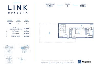 Rzut - Mieszkanie na sprzedaż 2 pokoje o powierzchni 51,96 m² - numer 14A.2 w LINK BUNSCHA