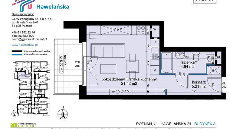 Rzut - Mieszkanie na sprzedaż 1 pokój o powierzchni 31,27 m² - numer A/5/45 w Osiedle Hawelańska etap III - bud. A