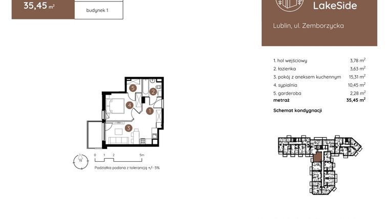 Rzut - Mieszkanie na sprzedaż 2 pokoje o powierzchni 35,45 m² - numer 1.B.1.10 w Murapol LakeSide