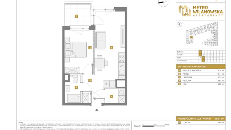 Rzut - Mieszkanie na sprzedaż 2 pokoje o powierzchni 38,61 m² - numer 5 w Apartamenty Metro Wilanowska