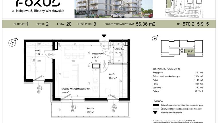 Rzut - Mieszkanie na sprzedaż 3 pokoje o powierzchni 56,36 m² - numer I.20 w Fokus Bielany