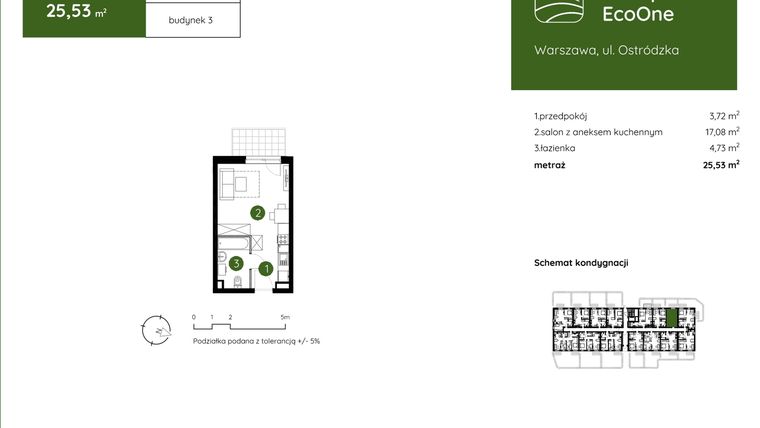Rzut - Mieszkanie na sprzedaż 1 pokój o powierzchni 25,53 m² - numer 3.A.0.03 w Murapol EcoOne