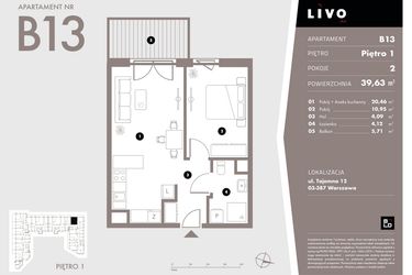 Rzut - Mieszkanie na sprzedaż 2 pokoje o powierzchni 39,63 m² - numer B13 w Livo