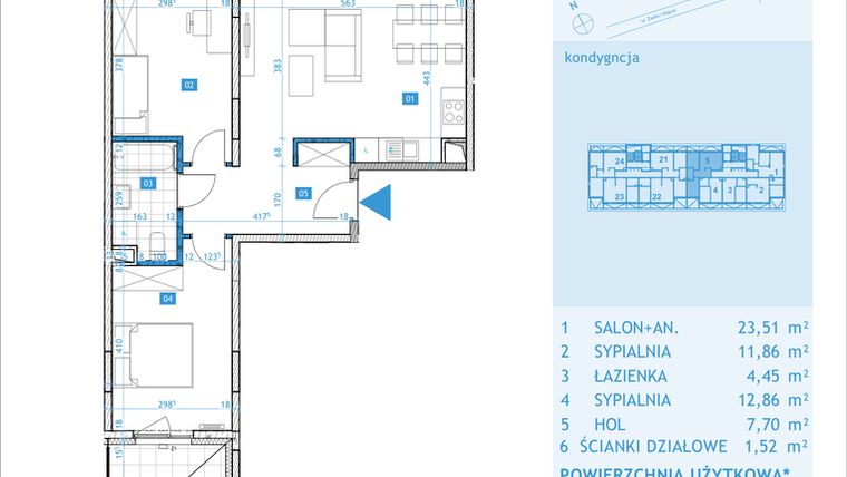 Rzut - Mieszkanie na sprzedaż 3 pokoje o powierzchni 61,9 m² - numer E5 w Osiedle Botaników etap E