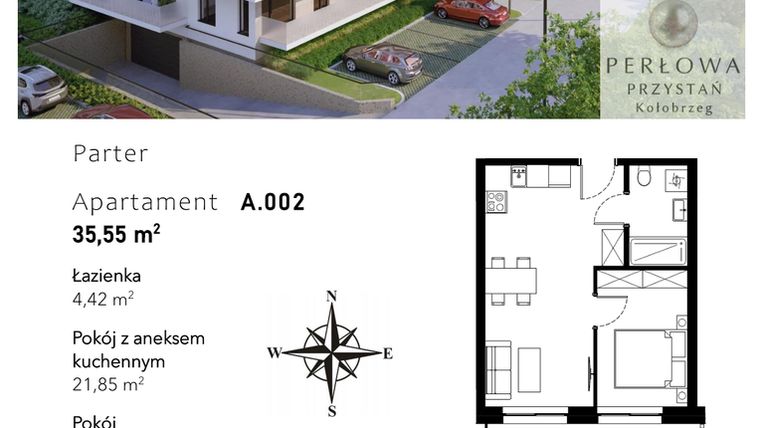 Rzut - Mieszkanie na sprzedaż 2 pokoje o powierzchni 35,55 m² - numer A.002 w Perłowa Przystań - Kołobrzeg - etap II