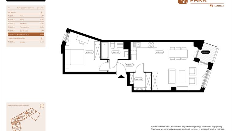 Rzut - Mieszkanie na sprzedaż 2 pokoje o powierzchni 55,73 m² - numer 1.11 w Białoprądnicka Park