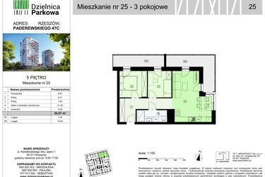 Rzut - Mieszkanie na sprzedaż 3 pokoje o powierzchni 52,67 m² - numer 25/B8 w Dzielnica Parkowa VIII