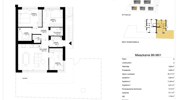Rzut - Mieszkanie na sprzedaż 4 pokoje o powierzchni 71,23 m² - numer 6.1 w River Park