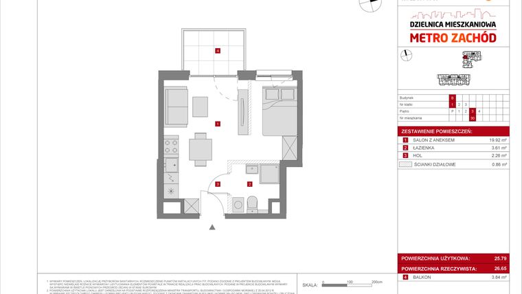 Rzut - Mieszkanie na sprzedaż 1 pokój o powierzchni 25,79 m² - numer B.30 w Dzielnica Mieszkaniowa Metro Zachód - etap 8.2