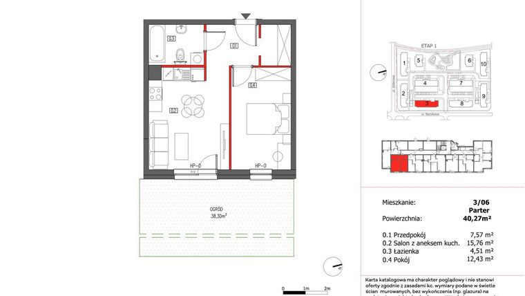 Rzut - Mieszkanie na sprzedaż 2 pokoje o powierzchni 40,27 m² - numer 3/6 w Słoneczny Zakątek