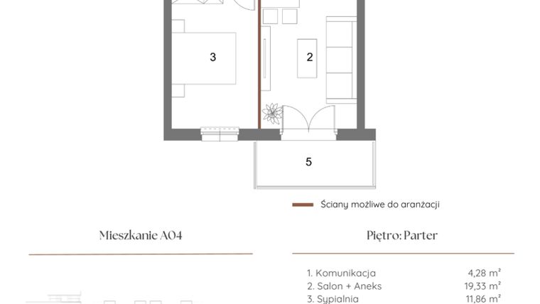 Rzut - Mieszkanie na sprzedaż 2 pokoje o powierzchni 39,96 m² - numer A04 w Dąbrowskiego 9