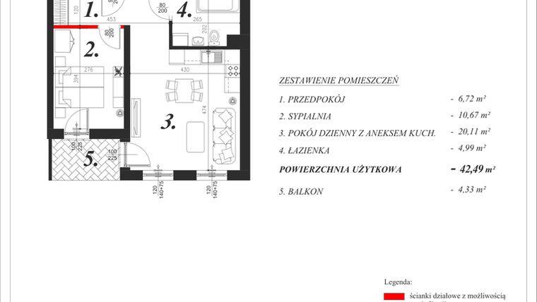 Rzut - Mieszkanie na sprzedaż 2 pokoje o powierzchni 42,49 m² - numer 27 w Enklawa Milanówek