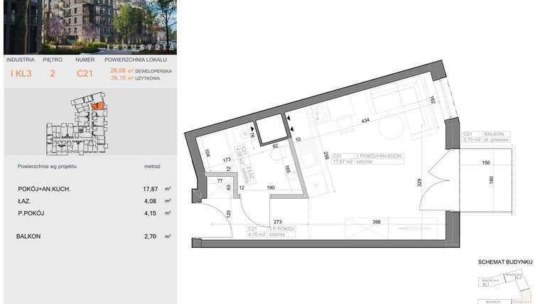 Rzut - Mieszkanie na sprzedaż 1 pokój o powierzchni 26,1 m² - numer I-C21 w Industria etap I-D