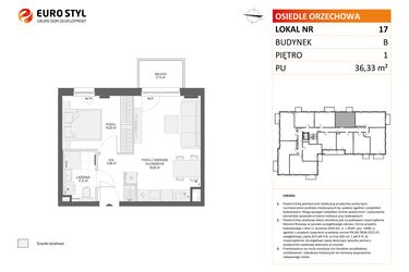 Rzut - Mieszkanie na sprzedaż 2 pokoje o powierzchni 36,33 m² - numer B17 w Osiedle Orzechowa